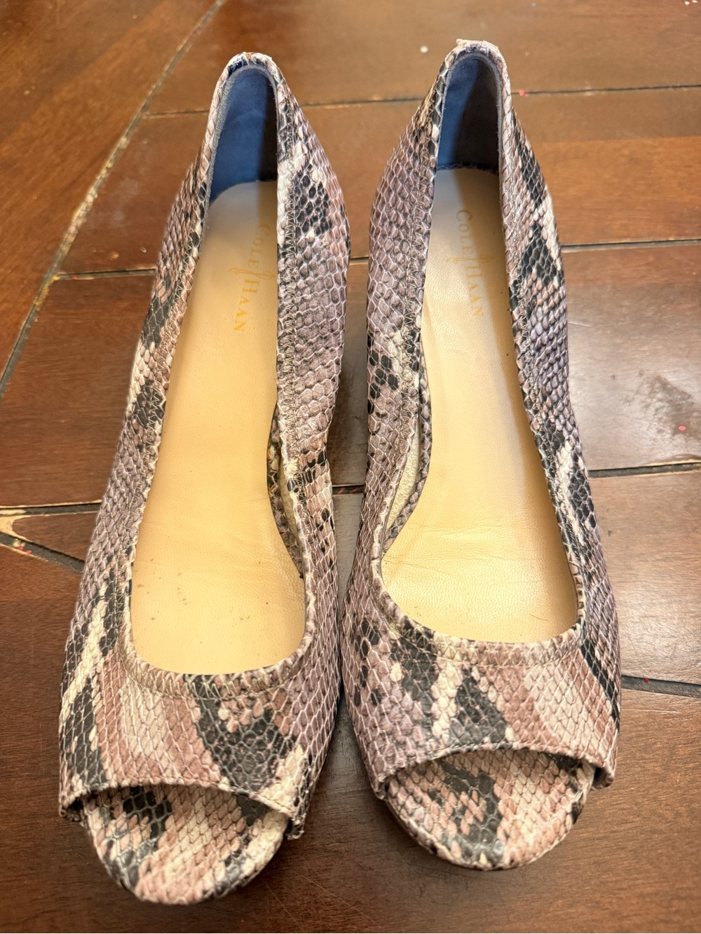 Cole Haan Snake-Print Peep-Toe Wedges in Taupe and Black
